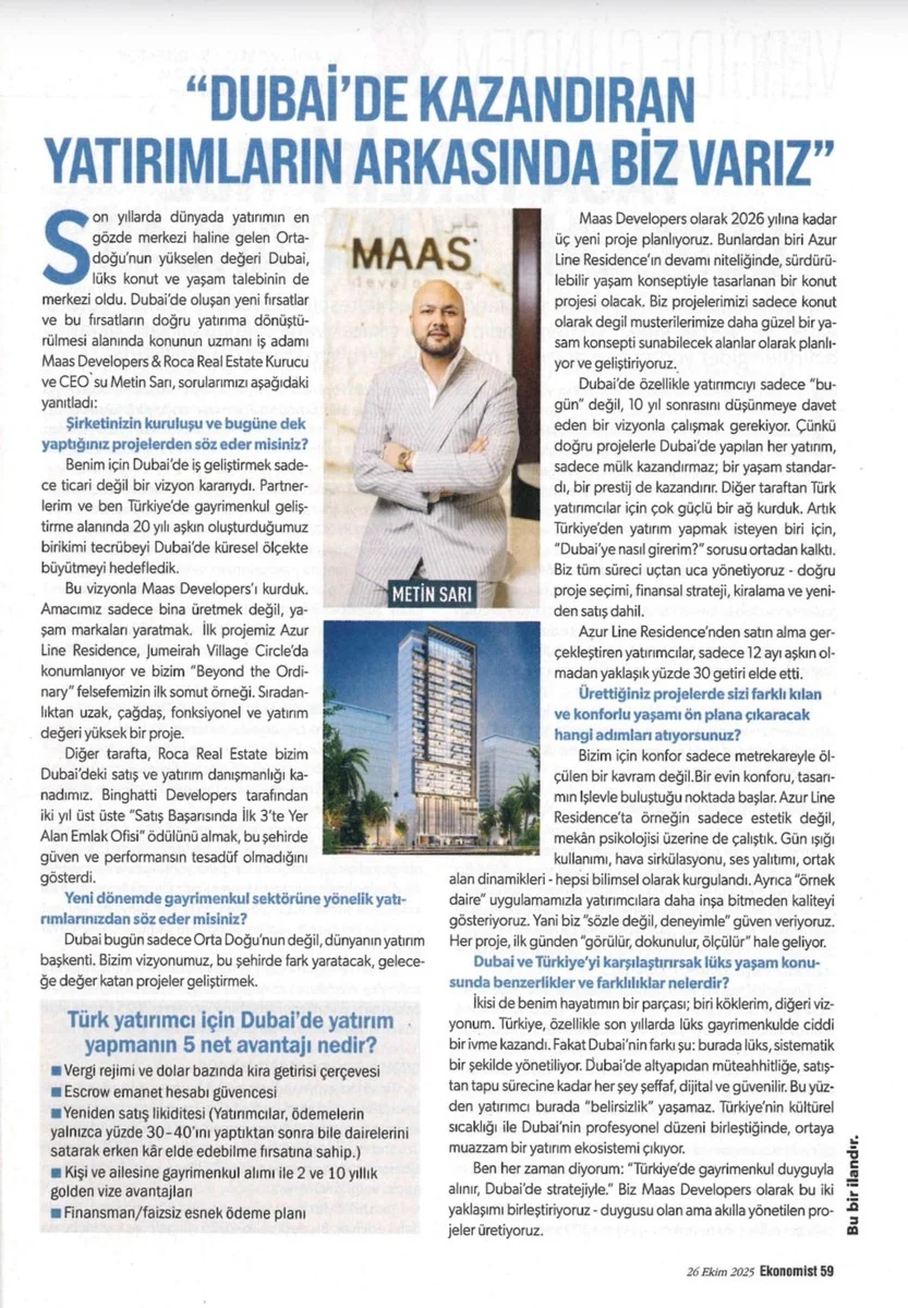 Ekonomist Dergisi - Metin SARI - Sayfa 1 - Dubai'de Kazandıran Yatırımların Arkasında Biz Varız