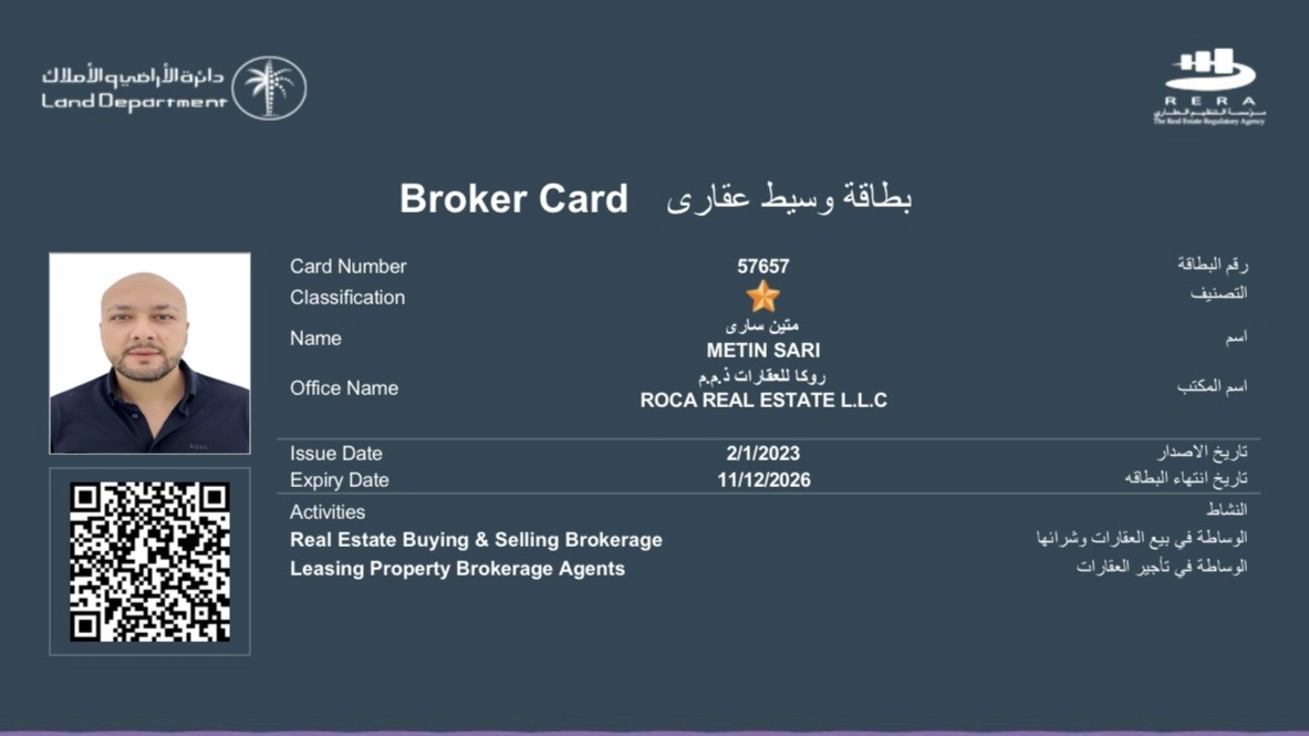 RERA Broker Card - Metin SARI - Broker ID: 57657 - Roca Real Estate L.L.C